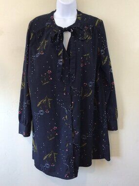 Wild Pearl Navy Blue Floral Print Long Sleeve Thin Button Down Shirt Dress